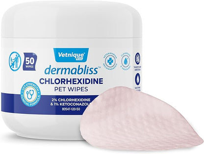 Vetnique Dermabliss Chlorhexidine for Dogs Skin Health Antibacterial Wipes for Dogs for Infections, Irritation &amp; Redness Relief (Skin Wipes, 50 Count)