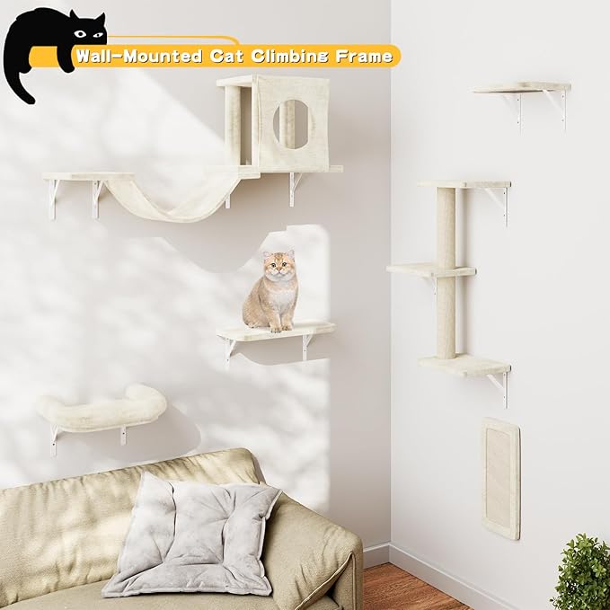 NUNU LAB Wall Mounted Cat Furniture, 6 Pcs Cat Wall Shelves with Condo House, Bridge, Steps, Scratcher, Hammock, Indoor Safe &amp; Stable Furniture for Kittens Play, Beige