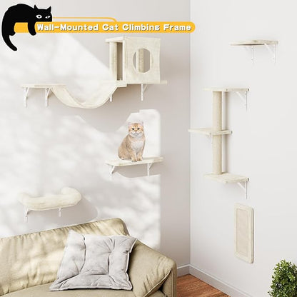 NUNU LAB Wall Mounted Cat Furniture, 6 Pcs Cat Wall Shelves with Condo House, Bridge, Steps, Scratcher, Hammock, Indoor Safe &amp; Stable Furniture for Kittens Play, Beige