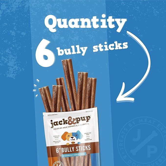 Jack&amp;Pup 6-inch Jumbo Bully Sticks (6 Pack) Single Ingredient, Extra Thick Pizzle Sticks for Dogs | Longest Lasting Bully Sticks for Medium to Large Dogs