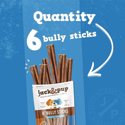 Jack&amp;Pup 6-inch Jumbo Bully Sticks (6 Pack) Single Ingredient, Extra Thick Pizzle Sticks for Dogs | Longest Lasting Bully Sticks for Medium to Large Dogs