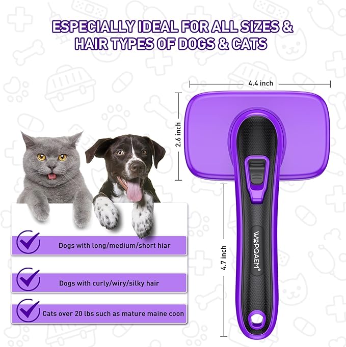 Dogs Cats Self Cleaning Slicker Brush for Shedding &amp; Grooming Any Breed of Pets, Removes Loose, Undercoat, Mats, Tangled Hair for Small Medium Large Animal With Long Short Fur Length, Purple