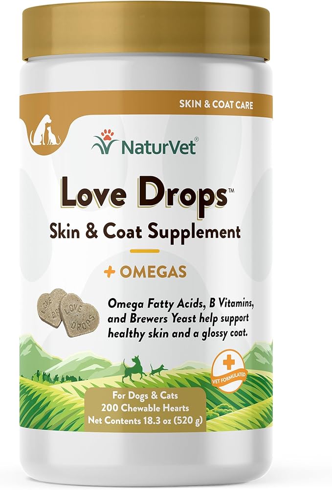 NaturVet Love Drops Plus Omegas Skin &amp; Coat Supplement for Dogs and Cats – for Dog Skin, Cat Coats – Includes Brewer’s Dried Yeast, Omega-3, Omega-6 – Peanut Butter Flavor – 200 Ct.