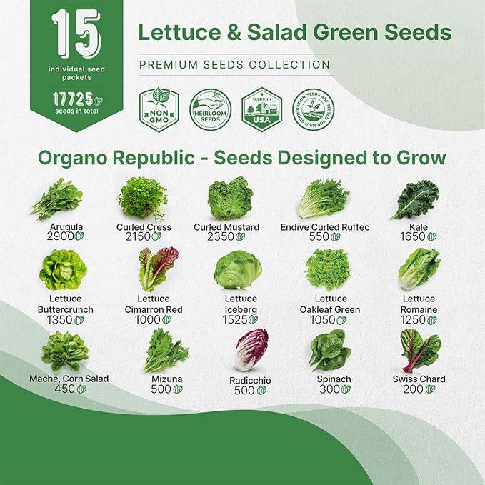 Organo Republic 15 Lettuce &amp; Salad Greens Seeds Variety Pack 17700+ Non-GMO Heirloom Lettuce Seeds for Indoors &amp; Outdoors Garden, Hydroponics, Aerogarden - Arugula, Kale, Spinach, Swiss Chard, Lettuce
