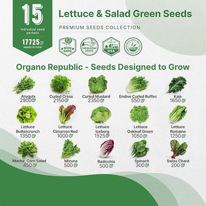 Organo Republic 15 Lettuce &amp; Salad Greens Seeds Variety Pack 17700+ Non-GMO Heirloom Lettuce Seeds for Indoors &amp; Outdoors Garden, Hydroponics, Aerogarden - Arugula, Kale, Spinach, Swiss Chard, Lettuce