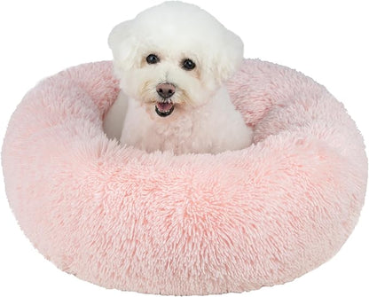 Best Pet Supplies Round Donut Dog Bed with Plush Faux Fur Fabric, Calming, Anti-Anxiety Cushion for Indoor Pets, Slip-Resistant Base, Soft Ergonomic Support - Pink, 30x30x8&