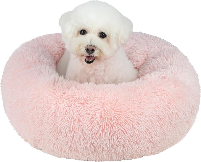 Best Pet Supplies Round Donut Dog Bed with Plush Faux Fur Fabric, Calming, Anti-Anxiety Cushion for Indoor Pets, Slip-Resistant Base, Soft Ergonomic Support - Pink, 20x20x6&