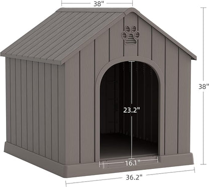 Large Dog House Outdoor Indoor for Medium Large Dogs, Durable Plastic Waterproof Doghouse with Air Vents and Elevated Floor, Easy Clean and Assemble (Grey, 36.2&