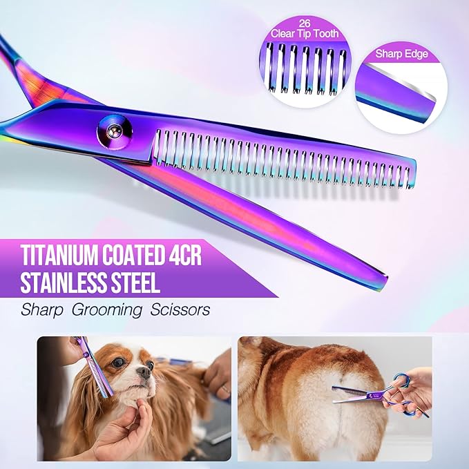 Gimars Dog Grooming Scissors Kit Professional 4CR with Safety Round Tip, 5 in 1 Heavy Duty Titanium Coated Thinning &amp; Curved &amp; Straight Shears