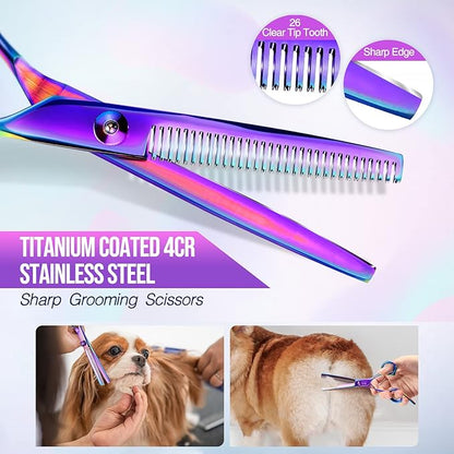 Gimars Dog Grooming Scissors Kit Professional 4CR with Safety Round Tip, 5 in 1 Heavy Duty Titanium Coated Thinning &amp; Curved &amp; Straight Shears