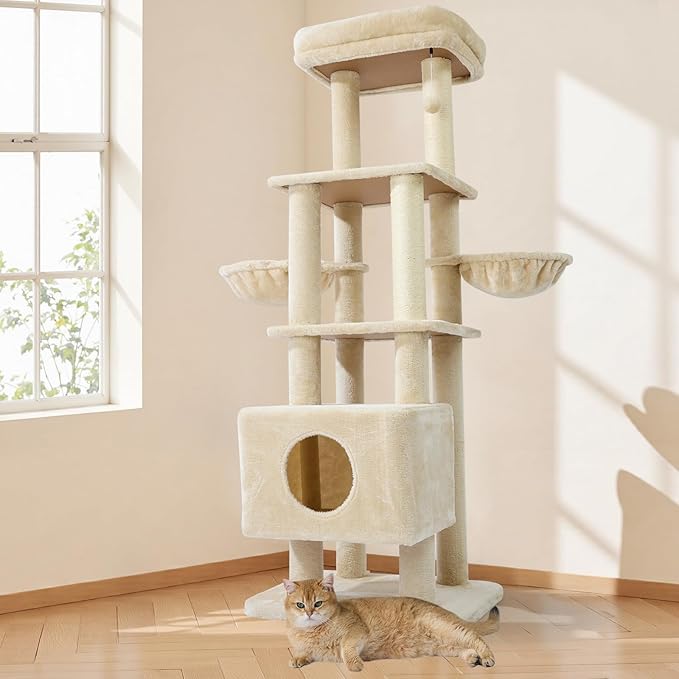 Gardner Pet 65in Heavy Duty Cat Tree Tower for Large Cats, Multi-Level Cat Furniture with Replaceable Sisal Scratching Post, Hammock | Extra-Large Platform &amp; Condo (Beige)