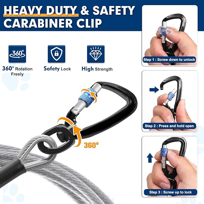 Snagle Paw Dog Leads for Yard 50FT-1000LBS Break Strength,Heavy Duty Tie Out Cable for Dogs with Swivel Lockable Hook &amp; Spring,Chew Proof Dog Chain for Outside,Dog Run Cable for Medium Large Dogs