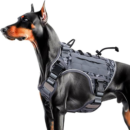 Heavy-Duty Tactical Dog Harness for Large Dogs, No Pull Adjustable Reflective Pet Vest with Molle System, K9 Military-Grade Control for Service Training, Outdoor &amp; 10+ Breeds, Gray Camo, Large
