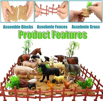 Farm Animal Figurines, Realistic Plastic Animals Toys with Fences Building Blocks, Farm Figures Playset Educational Birthday Gift for Kids &amp; Toddlers, 53 PCS