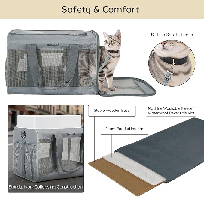 BELLA &amp; PAL Cat Carrier Travel Bag, Airline Approved Lightweight Cat Carrier, Soft Sided Pet Carrier for Puppy Dogs Up to 18lbs, Collapsible Kitten Bag with Removable Waterproof Mat, Ventilated Mesh