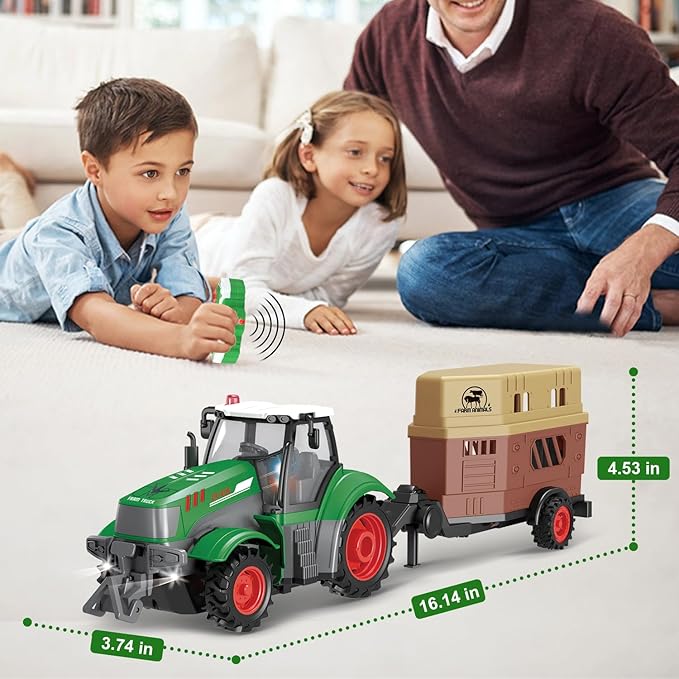 fisca Remote Control Tactor Toy Set &amp; 33PSC Farm Vehicle Playset - Animal Figurines ,2.4GHz 1/24 Scale RC Tractor,Livestock Trailer, Fence with Light for Kids Age 4, 5, 6, 7 and Up Years Old