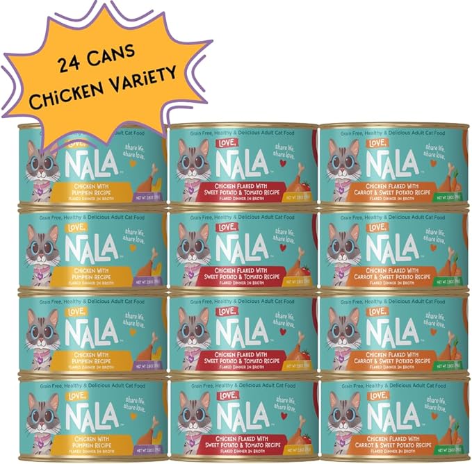 LOVE, NALA - FLAKED Chicken Variety Pack - 24 Pack - Natural Adult Cat Wet Food - Grain Free, Non-GMO, Lean Protein, Omega 3, Digestive Fiber, Added Minerals &amp; Vitamins