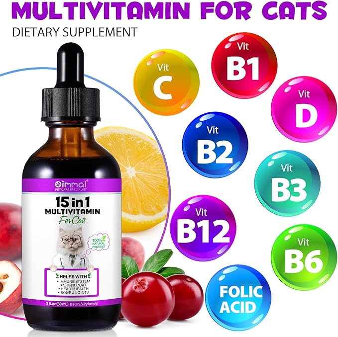 Liquid Multivitamin for Cat, 15 in 1 Cats Multivitamin Liquid Drops Supplements for Skin &amp; Coat, Heart Health, Bones and Joint, Cat Vitamins with Glucosamine and MSM, Immune System Support -60ml