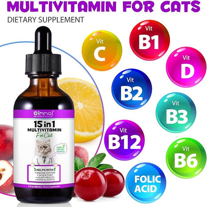 Cat Multivitamin, 15 in 1 Cat Multivitamin Liquid Drops, Cats Vitamins and Supplements with Glucosamine and Probiotics, Bones, Joint, Skin &amp; Coat, Bladder, Immune System Support, 60ML