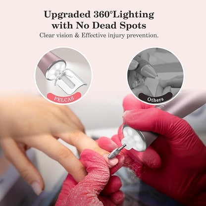 PELCAS Electric Nail File, 10 Speeds Cordless Nail Drill Kit with LED Light, Professional Nail Grinder with LCD Screen Portable e File for Human, Pet, Thick Toenails, Natural &amp; Acrylic Nails Pink