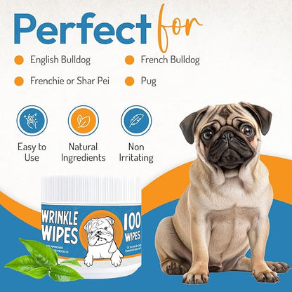 Bulldog Wrinkle Wipes for Dogs – Deodorizing &amp; Soothing with Honeysuckle Extract – Non-Irritating, Cleans Wrinkles, Folds, Paws &amp; Tail Pockets – for Bulldogs, Pugs &amp; Frenchies (100 Count)