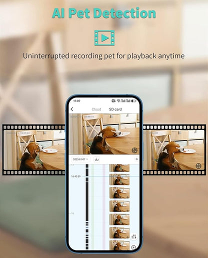 Alaga 3K Pet Camera, Dog Monitor with Phone App, 360° Pan/Tilt, Night Vision, Speaker, WiFi Cameras for Dog/Cat, Compatible with Alexa &amp; Google Assistant, Black, Includes 1-Year Pet Time Album