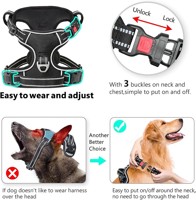 Timos No Pull Dog Harness, Release at Neck Reflective 3 Snap Buckles Adjustable No Choke Pet Vest with Front &amp; Back 2 Leash Clips, Soft Padded Control Training Handle for Small Medium Large Dogs