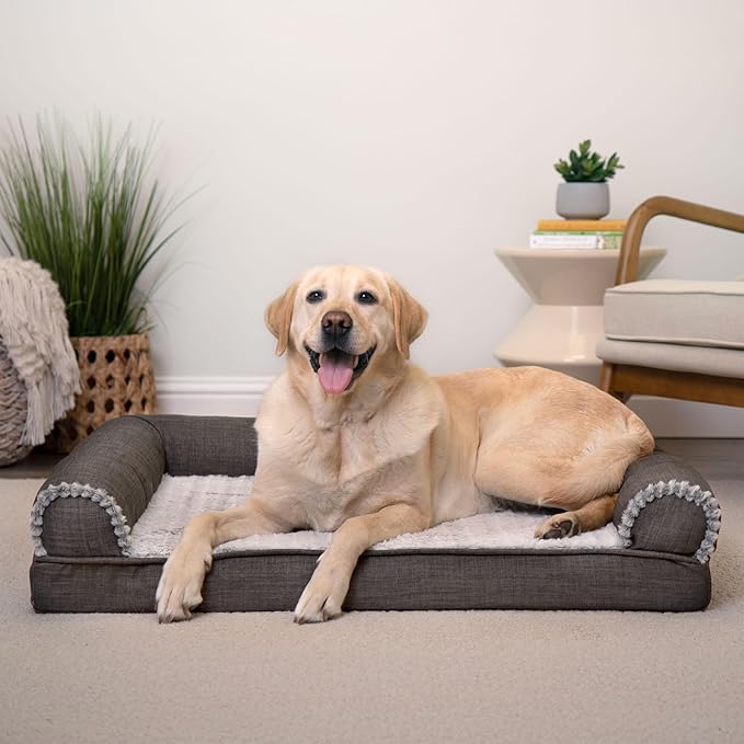 Furhaven Orthopedic Dog Bed for Large/Medium Dogs w/ Removable Bolsters &amp; Washable Cover, For Dogs Up to 55 lbs - Luxe Faux Fur &amp; Performance Linen Sofa - Charcoal, Large