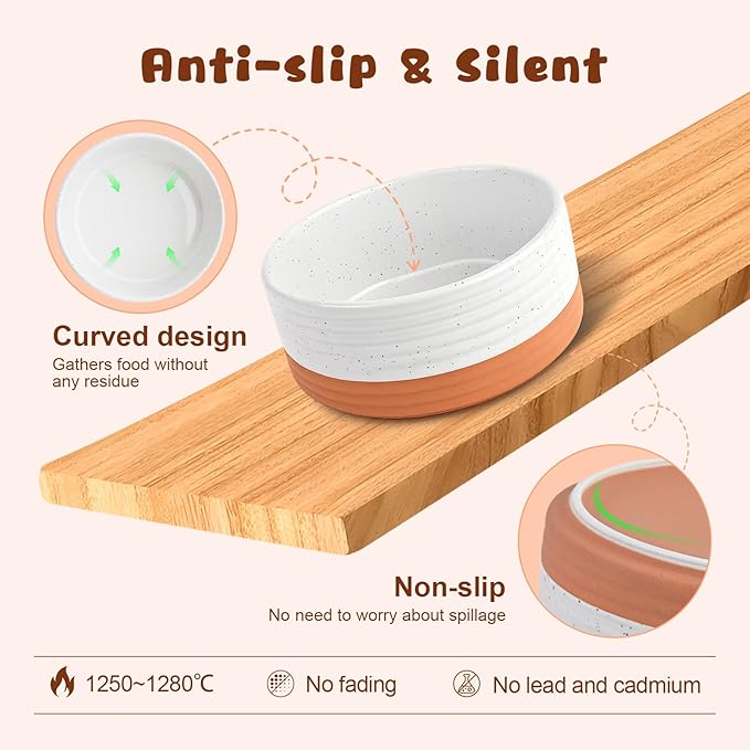 SPUNKYJUNKY Ceramic Elevated Dog Bowl Set with Acacia Wood Stand for Food and Water for Cat and Small Dog (13.52 OZ, White and Reddish Brown)