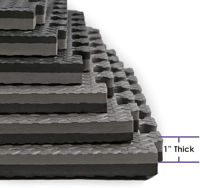 Xspec 1" Extra Thick 48 sq ft Reversible EVA Gym Foam Floor Mat Tiles (24" x 24"), Steel Pattern, 12 pcs, Black &amp; Grey