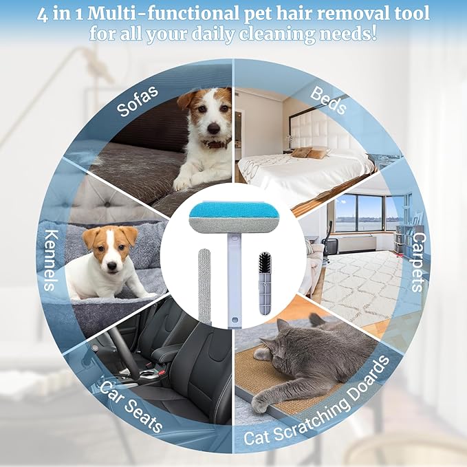 4 in 1 Multifunctional Reusable Pet Hair Remover Brush,Dog &amp; Cat Hair Remover Tool for Couch,Bedding &amp; Carpet,Washable Fur Remover with Dual-Sided Cleaning Brush