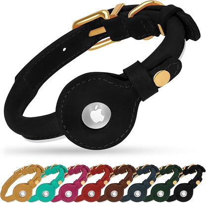OOPSDOGGY Rolled Leather Dog Collar with Airtag Holder - Reflective Round Airtag Dog Collar - Soft Tracking Pet Collar for Small Dogs Puppy Cats Kitten (Black, XXL, 20"-24")