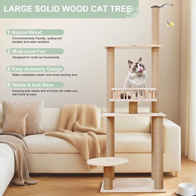 Wood Cat Tree 17” x 16”x 53” Modern Sturdy Cat Tower with Double Condos Hand-Woven Beds &amp; Toys Multilevel Huge Paws Pals Tree Indoor Cat Furniture for Big Cats