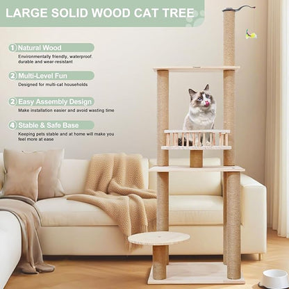 Wood Cat Tree 17” x 16”x 53” Modern Sturdy Cat Tower with Double Condos Hand-Woven Beds &amp; Toys Multilevel Huge Paws Pals Tree Indoor Cat Furniture for Big Cats