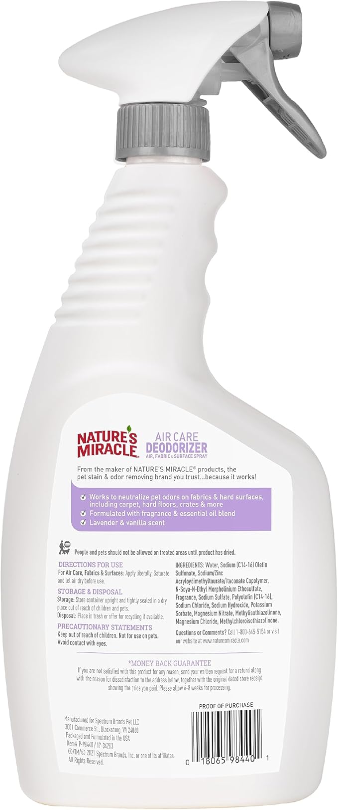 Nature’s Miracle Air Care Deodorizer Air, Fabric and Surface Spray Lavender &amp; Vanilla Scent, 24 Ounces, Pet Odor Eliminator