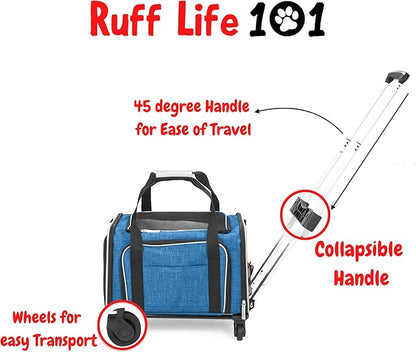 Airline Approved Expandable Premium Pet Carrier on Wheels- Two Sided Expandable Rolling Carrier- Designed for Dogs &amp; Cats- Extra Spacious Soft Lined Carrier! (Blue)