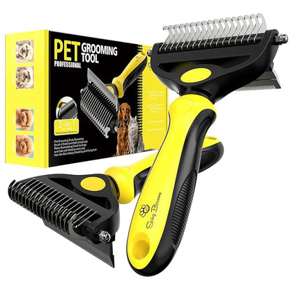 Spring Blossoms-2 in 1 Professional Grooming Rake for Cats &amp; Dogs-Dematting Comb for Easy Mats &amp; Tangles Removing,Pet Brush Safe No More Nasty Shedding and Flying Hair (Lemon Yellow)