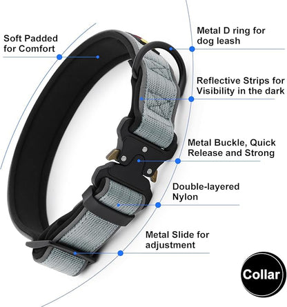 Plutus Pet Tactical Dog Collar, Reflective, Adjustable Heavy Duty Dog Collar, Soft Padded and Comfortable, for Small Medium and Large Dogs (Gray, M)