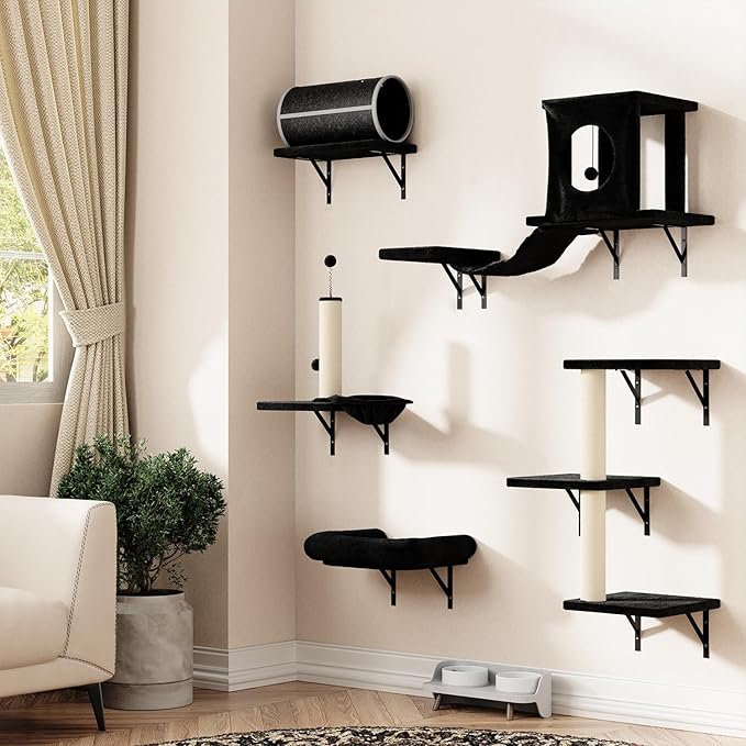 NUNU LAB Wall Mounted Cat Furniture, 7 Pcs Cat Wall Shelves with House, Tunnel, Bridge, Steps, Scratcher, Hammock, Bed, Indoor Safe &amp; Stable Furniture for Kittens Play, Black