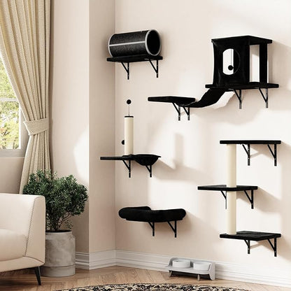 NUNU LAB Wall Mounted Cat Furniture, 7 Pcs Cat Wall Shelves with House, Tunnel, Bridge, Steps, Scratcher, Hammock, Bed, Indoor Safe &amp; Stable Furniture for Kittens Play, Black