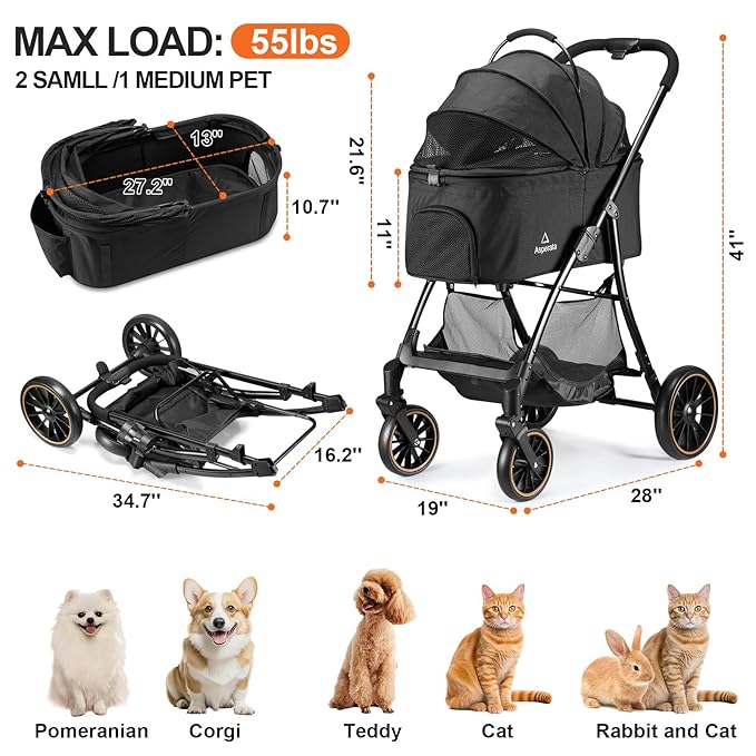 Pet Stroller for Small/Medium Dogs &amp; Cats up to 55 lbs, Upgraded 4 Wheels Dog Stroller for Large Dogs, 3-in-1 Foldable Portable Travel Carrier for 2 Cats with Storage Basket and Cupholder