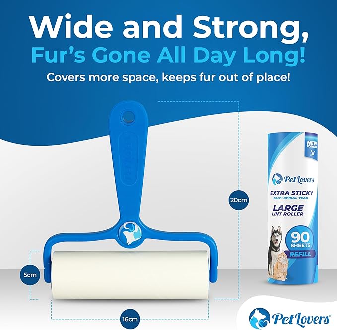 PetLovers 6.3" Large Lint Roller for Pet Hair Extra Sticky 360 Sheets, Ideal for Pet Hair Removal from Furniture &amp; Clothes, Dog and Cat Lint Remover 4 Pack