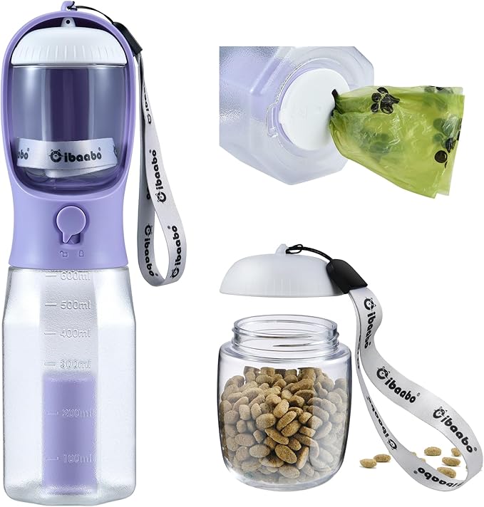 Dog Water Bottle with Food Container &amp; Poop Bag Holder, Travel Water Bowl, Portable Pet Dispenser, Dog Stuff Accessories Items, Puppy Essentials Necessities for Yorkie Chihuahua Walking Hiking