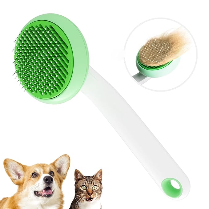 Self-Cleaning Cat Brush for Shedding &amp; Pet Grooming - Effortlessly Removes Tangles, Loose Undercoat, and Mats for Cats &amp; Dogs (Green)