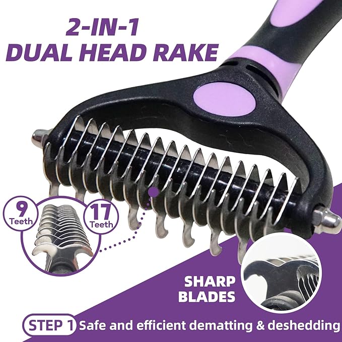 Dog Brush for Shedding, 7 PCS Dog Grooming Brush Kit Including Undercoat Rake, Slicker Brush, Dematting Comb, Nail Clipper, Bath Brush for Long &amp; Short Haired Dogs, Cats - Purple