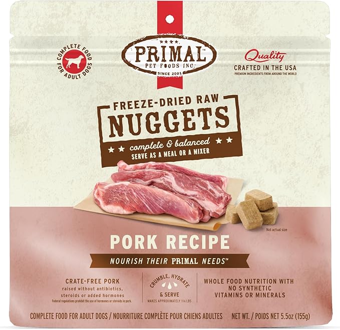 Primal Freeze Dried Raw Dog Food Nuggets, Pork, Complete &amp; Balanced Meal, Also Use as Topper or Treat, Premium, Healthy, Grain Free, High Protein Raw Dog Food, 5.5 oz