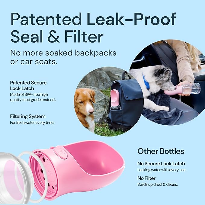 MalsiPree Dog Water Bowl Dispenser - 12 Oz, Pink - Portable Dog Water Bottle &amp; Travel Pet Bowl - Leak Proof