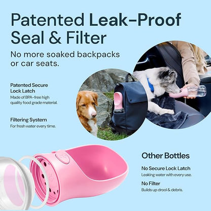 MalsiPree Dog Water Bowl Dispenser - 12 Oz, Pink - Portable Dog Water Bottle &amp; Travel Pet Bowl - Leak Proof