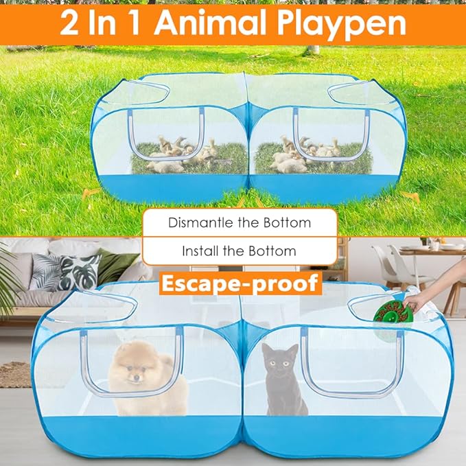 Lukovee Small Animals Playpen, Chicken Pen with Escape-Proof Detachable Bottom &amp; 4 Zipper Doors, Breathable Foldable Portable Large Chicken Run Coop for Puppy Duck Kitten Rabbits Outdoor Yard (Blue)