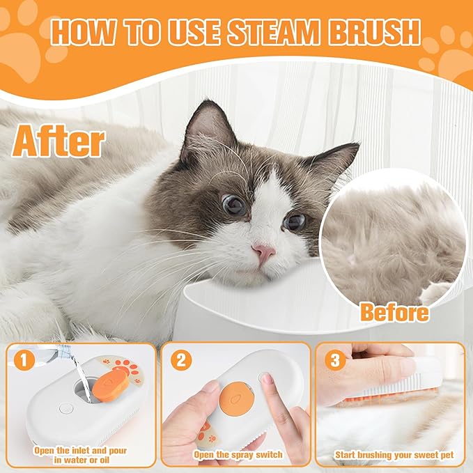 Cat Steam Brush for Shedding,3 in1 Cats Water Spary Comb,Rechargeable Steamy Cat Brush,Spritz Defur Comb for Cats,Silicone Pets Steamer Brushes for Massage,Grooming,Removing Loose Hair Yellowish&amp;White